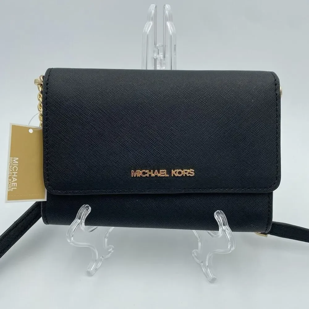 Michael Kors Jet Set Travel Crossbody Black Saffiano Leather Organizer Wallet